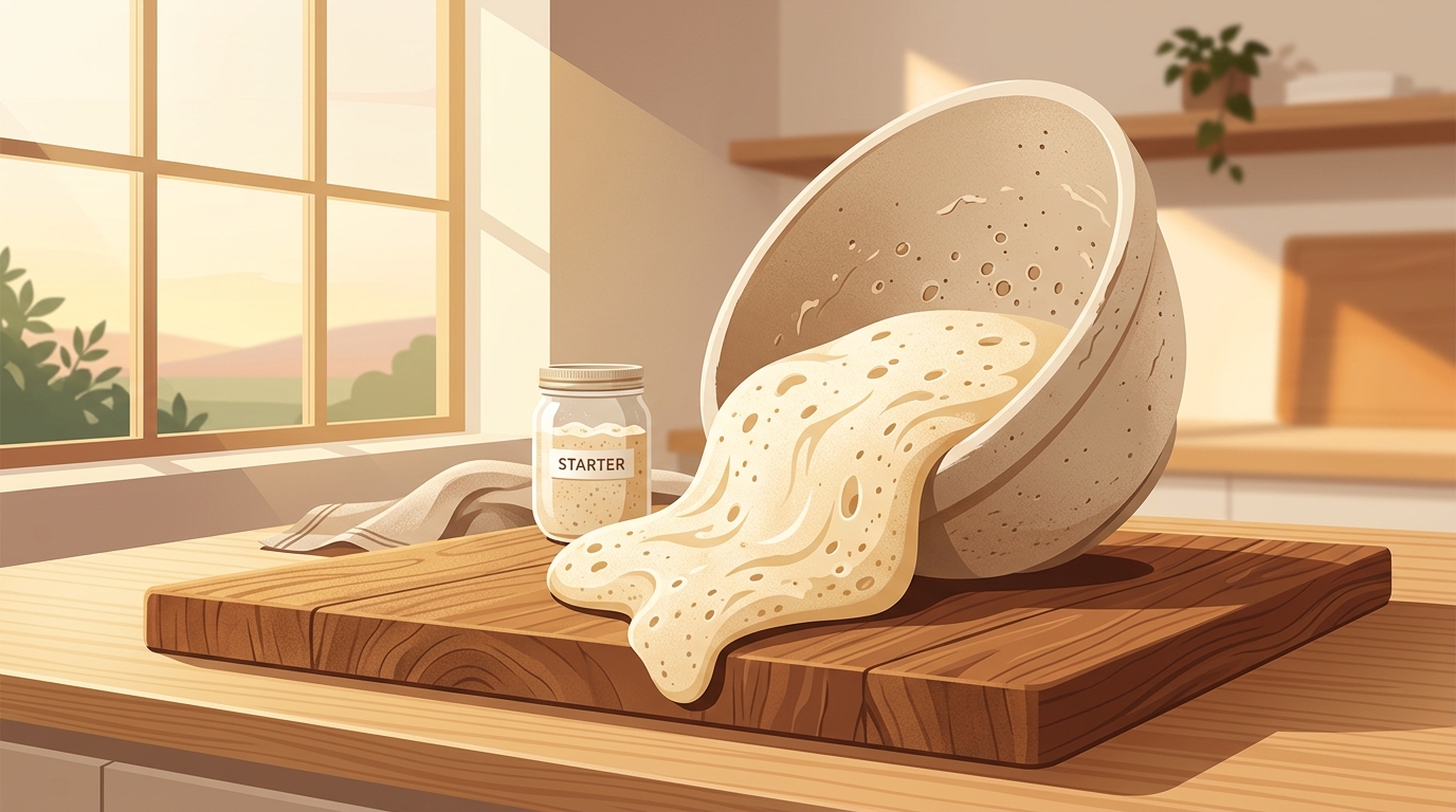 Bulk-fermented bread dough sliding onto a cutting board in warm morning light