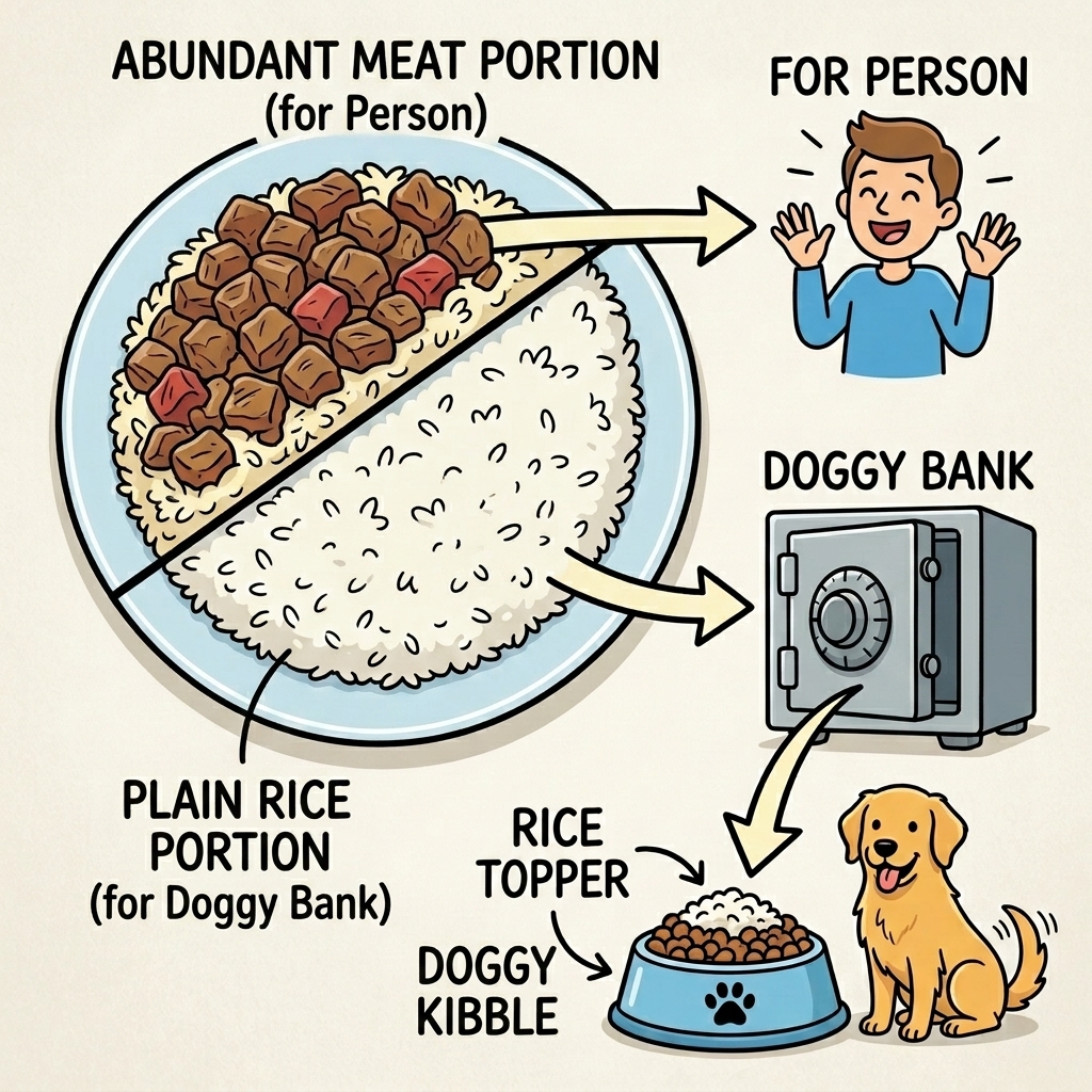 A schematic diagram showing how to split a pilaf plate between a person and a 'Doggy bank'