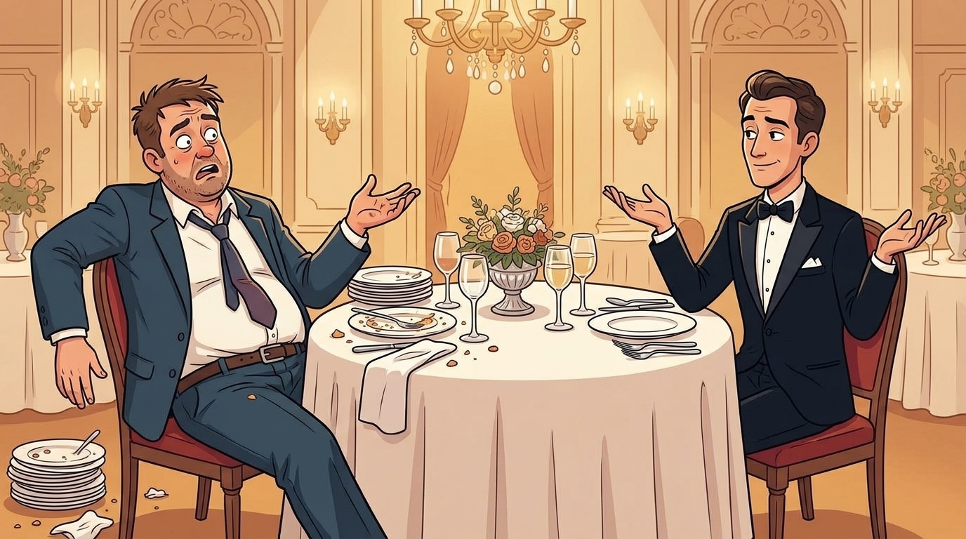 The embassy dinner joke: a Russian diplomat leaning back with an unbuttoned waistband and stacks of empty plates, bewildered by a French diplomat with a spotless plate