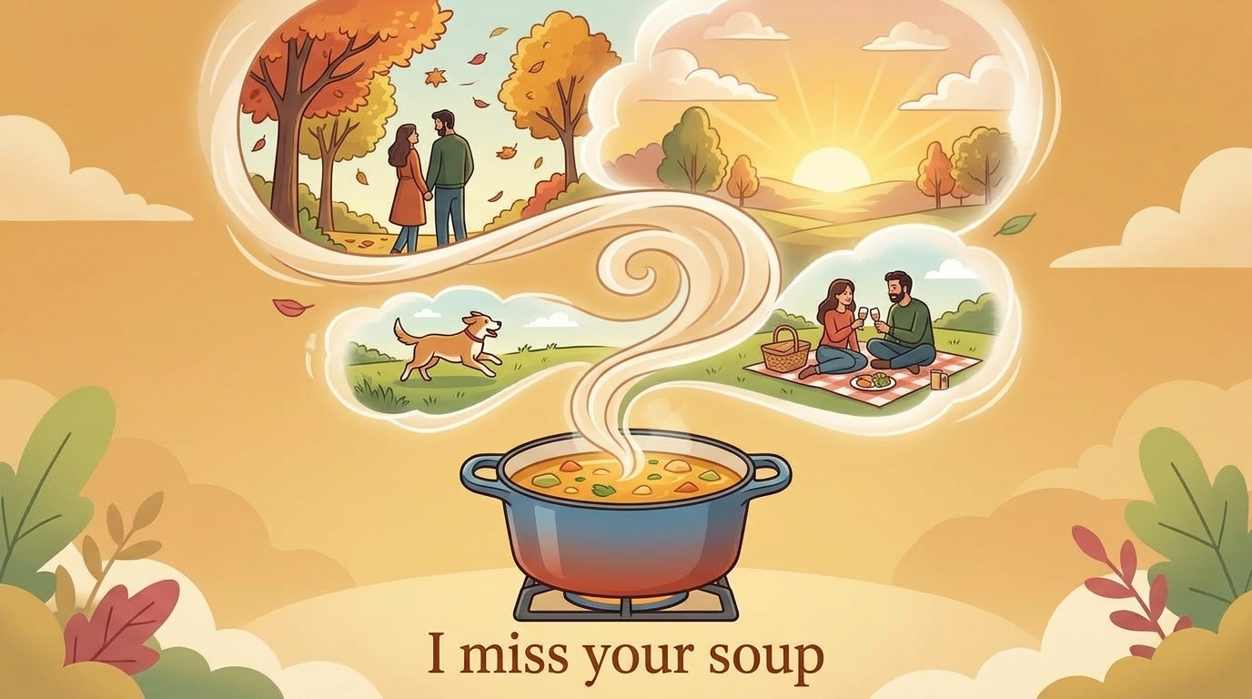 A romance spiraling into a steaming pot of soup: autumn leaves, sunrise, dog on the grass, and a picnic, captioned "I miss your soup"