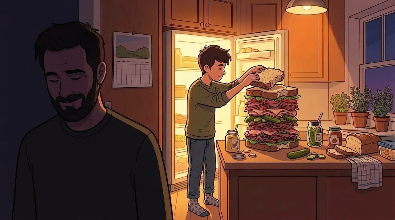 A teenager in socks building a tall kosher meat sandwich from torn bread and an open fridge, while the father smiles privately to himself in the dark unobserved