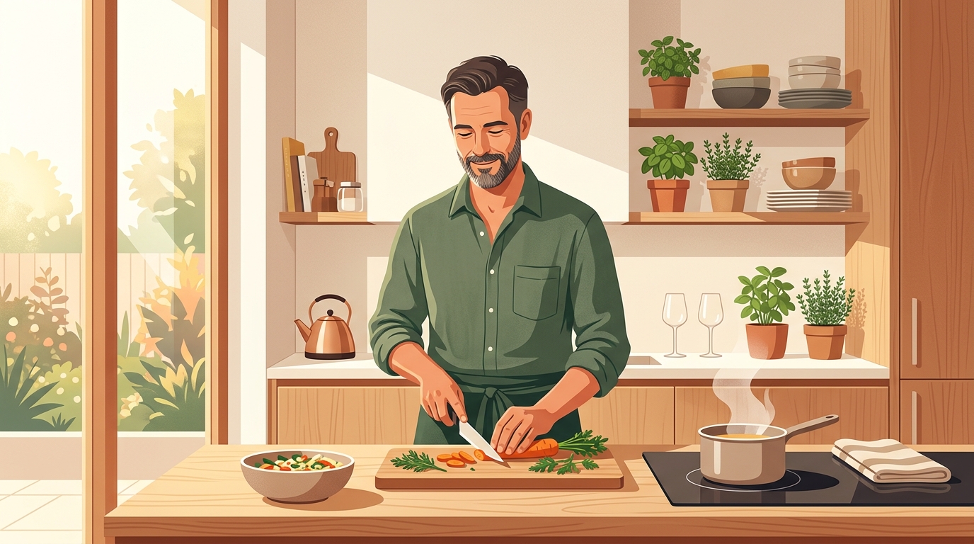 A calm man preparing food in a sunlit kitchen, resembling an aikido master of the kitchen