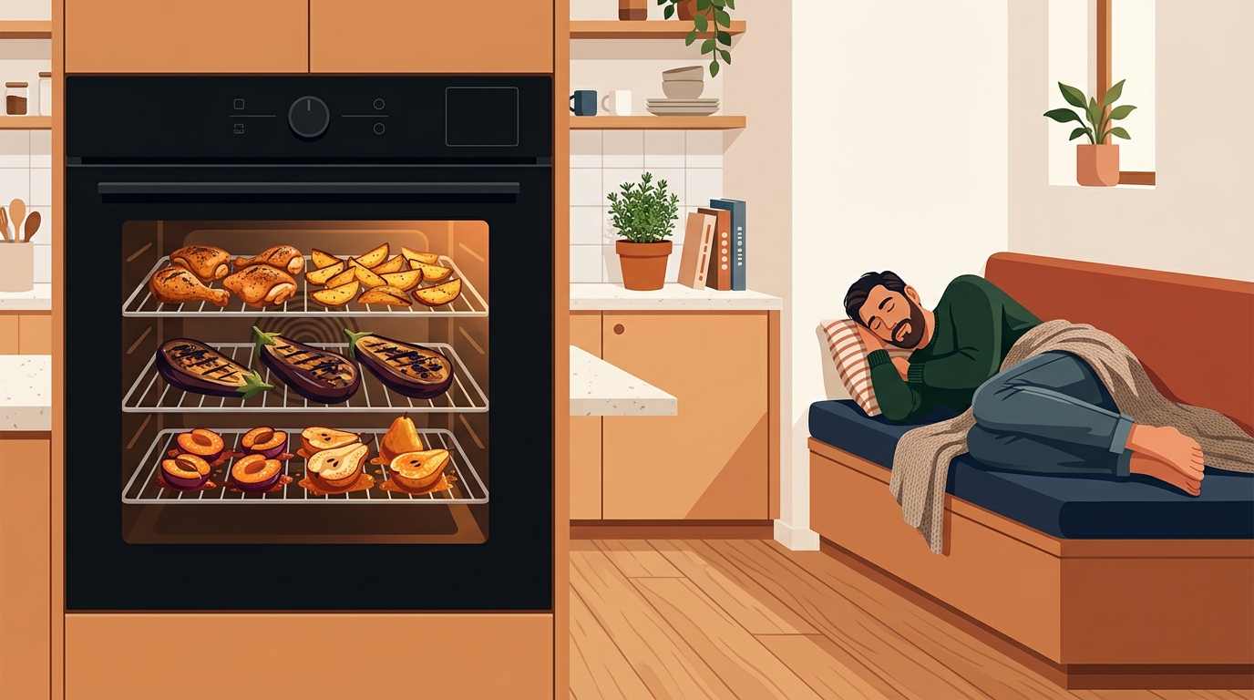 A warm, inviting oven filled with baking sheets