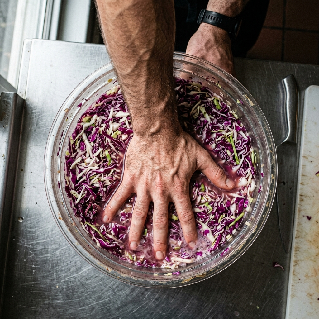 A muscular man's forearm pressing an open palm into a mix of red and white sliced cabbage inside a Cambro container