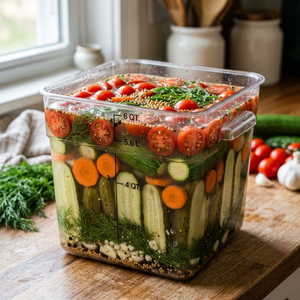 A 6-quart Cambro container filled with pickles: dill, garlic, cucumbers, carrots, zucchini, and tomatoes