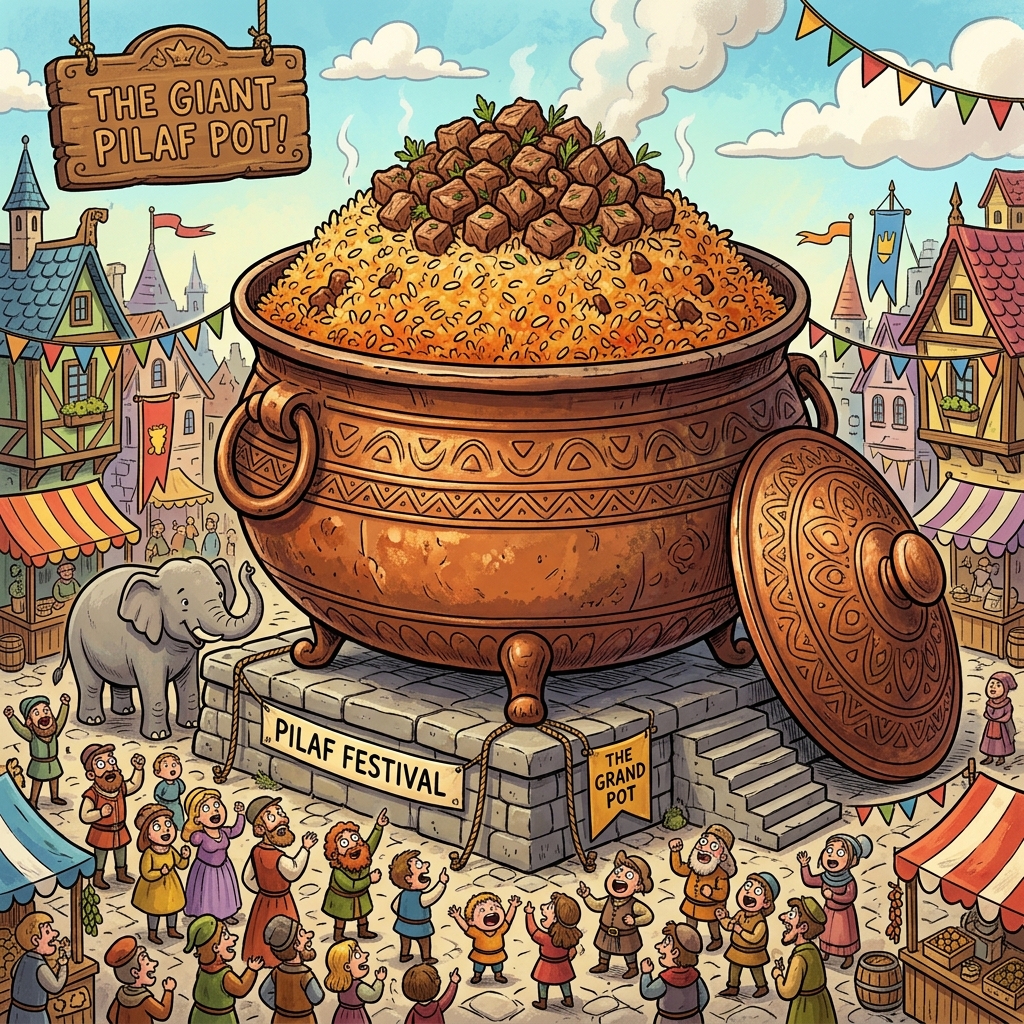 A cartoonish illustration of a giant pilaf pot the size of an elephant with tiny people looking up