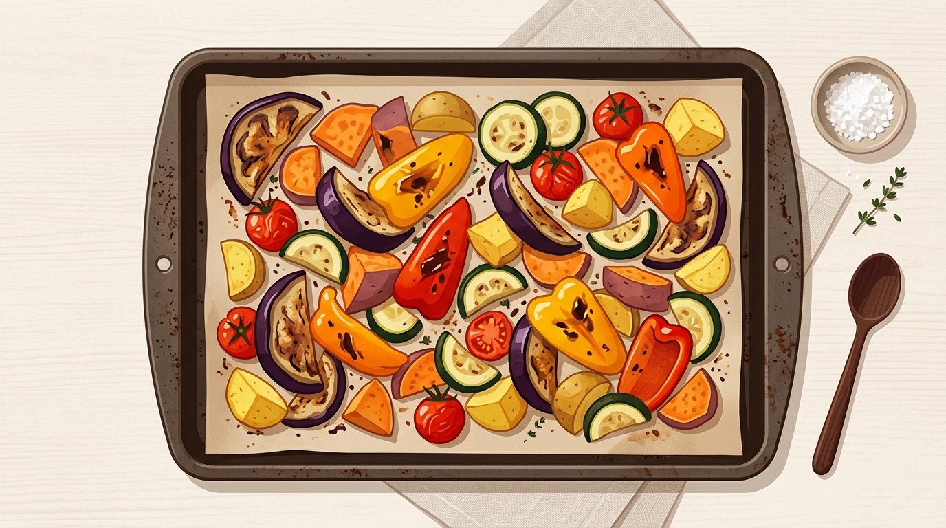A baking sheet full of colorful roasted vegetables