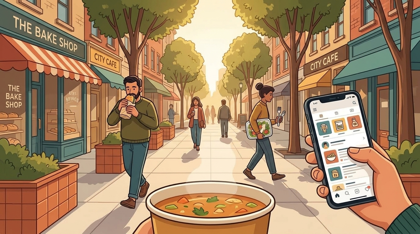 First-person view sipping soup on the street while scrolling a feed, with people eating sandwiches and carrying salads in the background